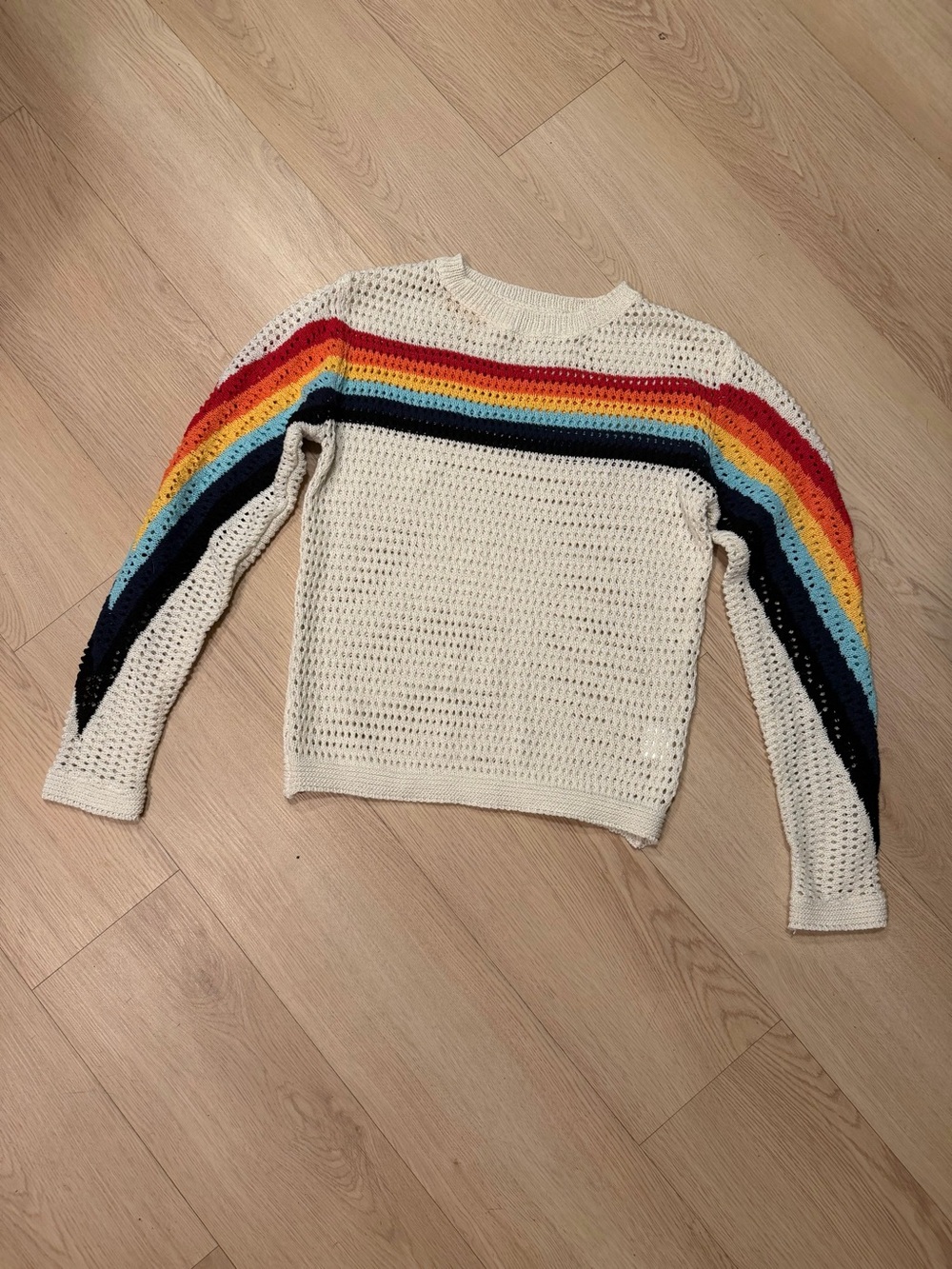 Cream Crochet Sweater with Rainbow Stripes
